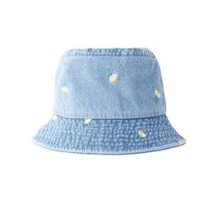 Zara Light Blue Denim Bucket Hat with White & Yellow Daisy Embroidery